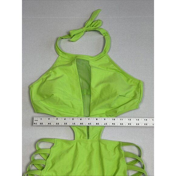 Women's M Cut Out One-Piece Halter Swimsuit Neon Green NWT - Picture 9 of 16